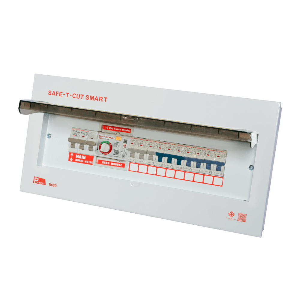 ชุดตู้คอนซูมเมอร์ 10 ช่อง เบรคเกอร์กันดูด 63 แอมป์ เซฟ-ที-คัท สมาร์ท รุ่น PREMIER RCBO